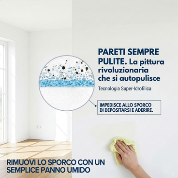 Parete luminosa con secchio di pittura e messaggio su bianco brillante e qualità professionale