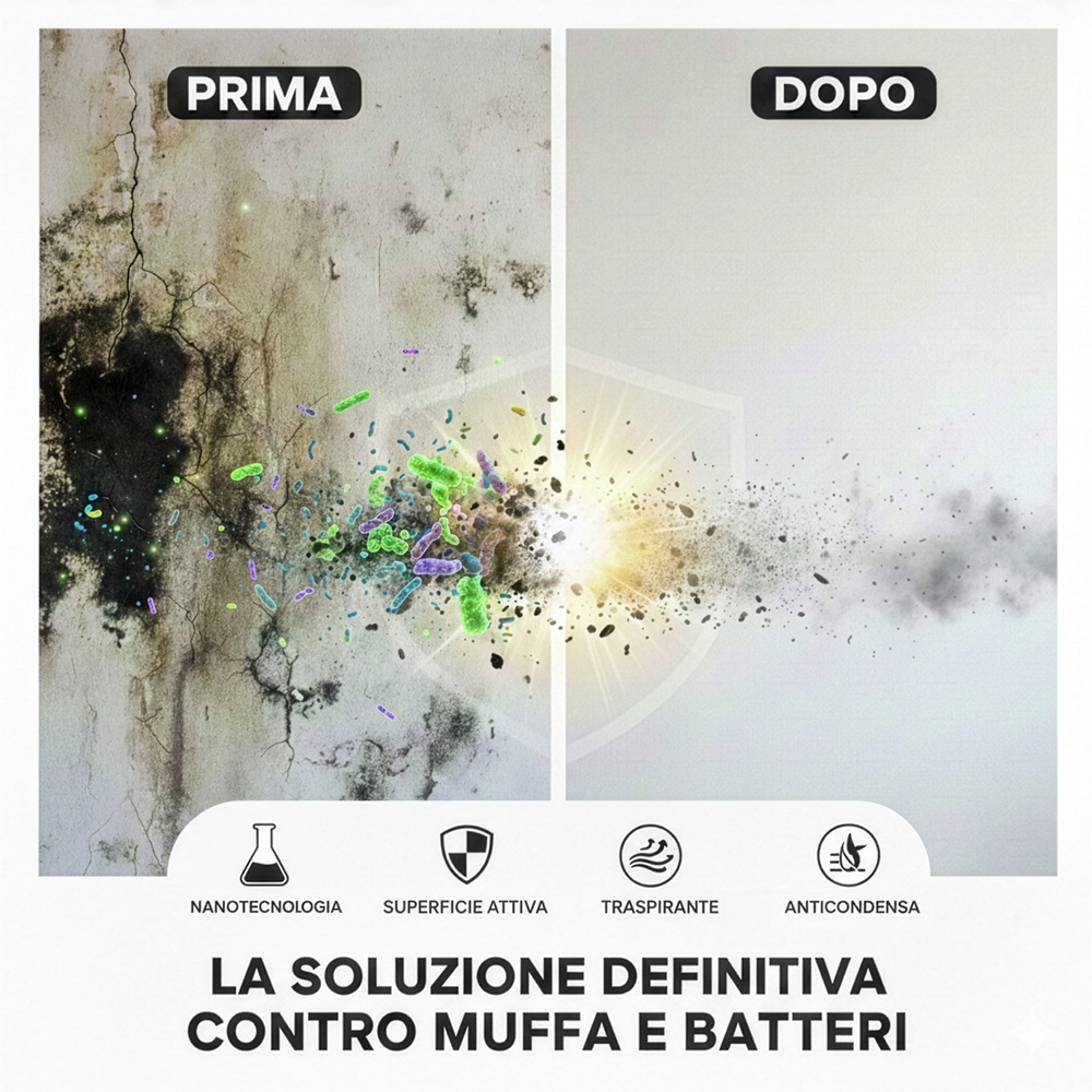 Confronto prima e dopo su una parete: da superficie degradata con muffa e batteri a parete pulita